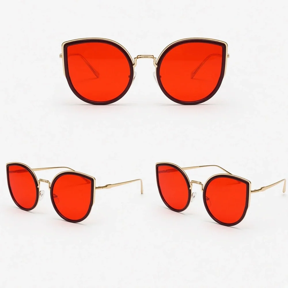 Womens Oversized Cat Eye Sunglasses Red Tinted Lens Gold Frame Statement Shades